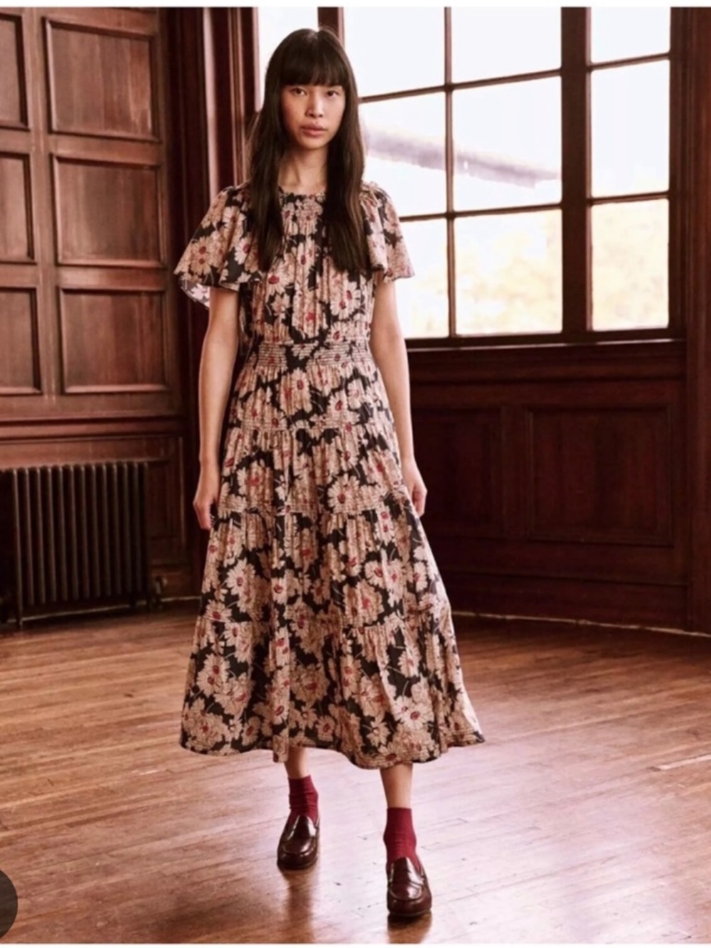 THE GREAT. The Creek Midi Smocked Dress